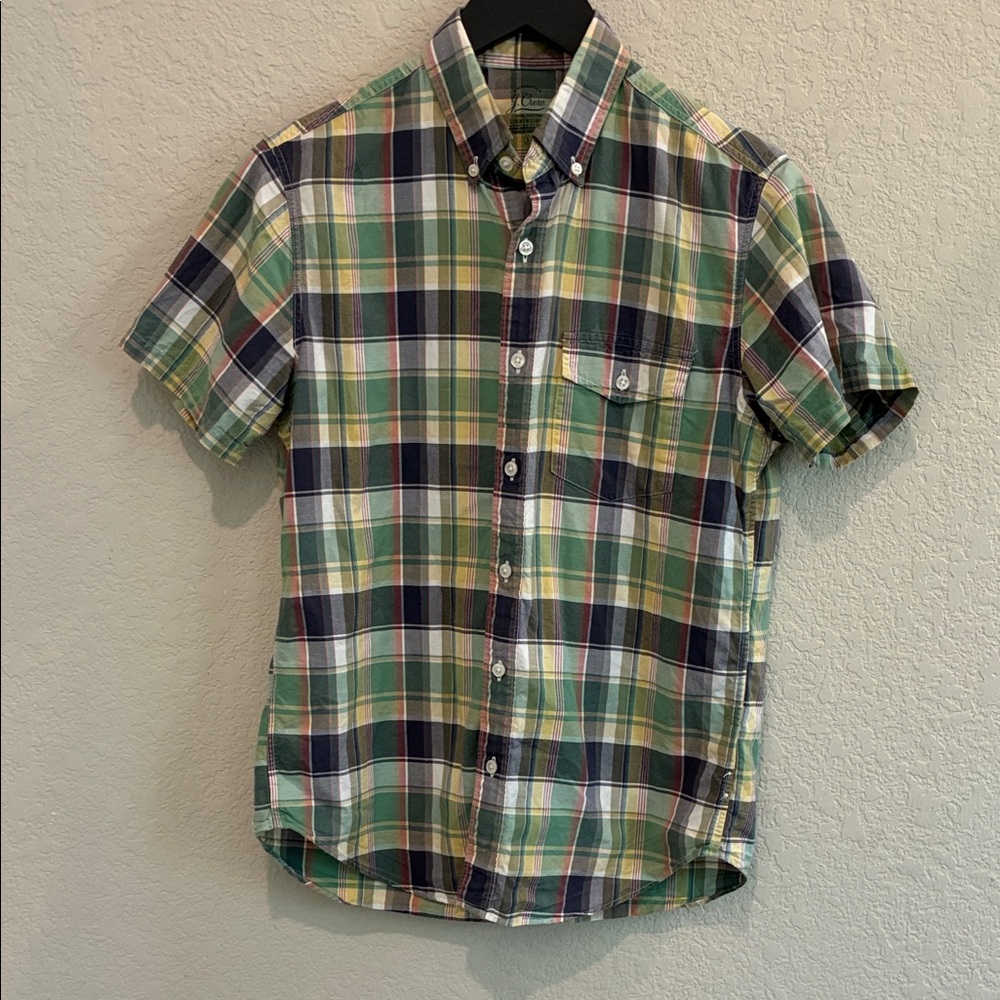 J. Crew Short-Sleeve Plaid Button-Down Shirt in Green and Navy